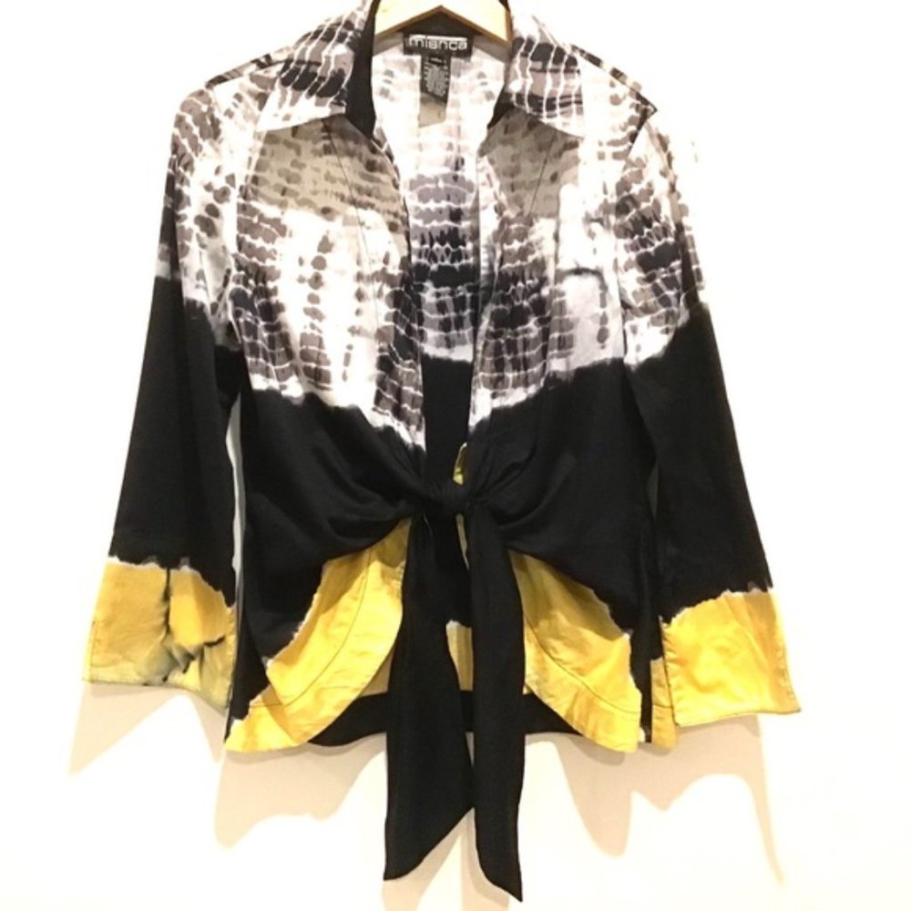 Mischa Tie-Dye color block jacket, shrug sweater wrap yellow, brown, black boho